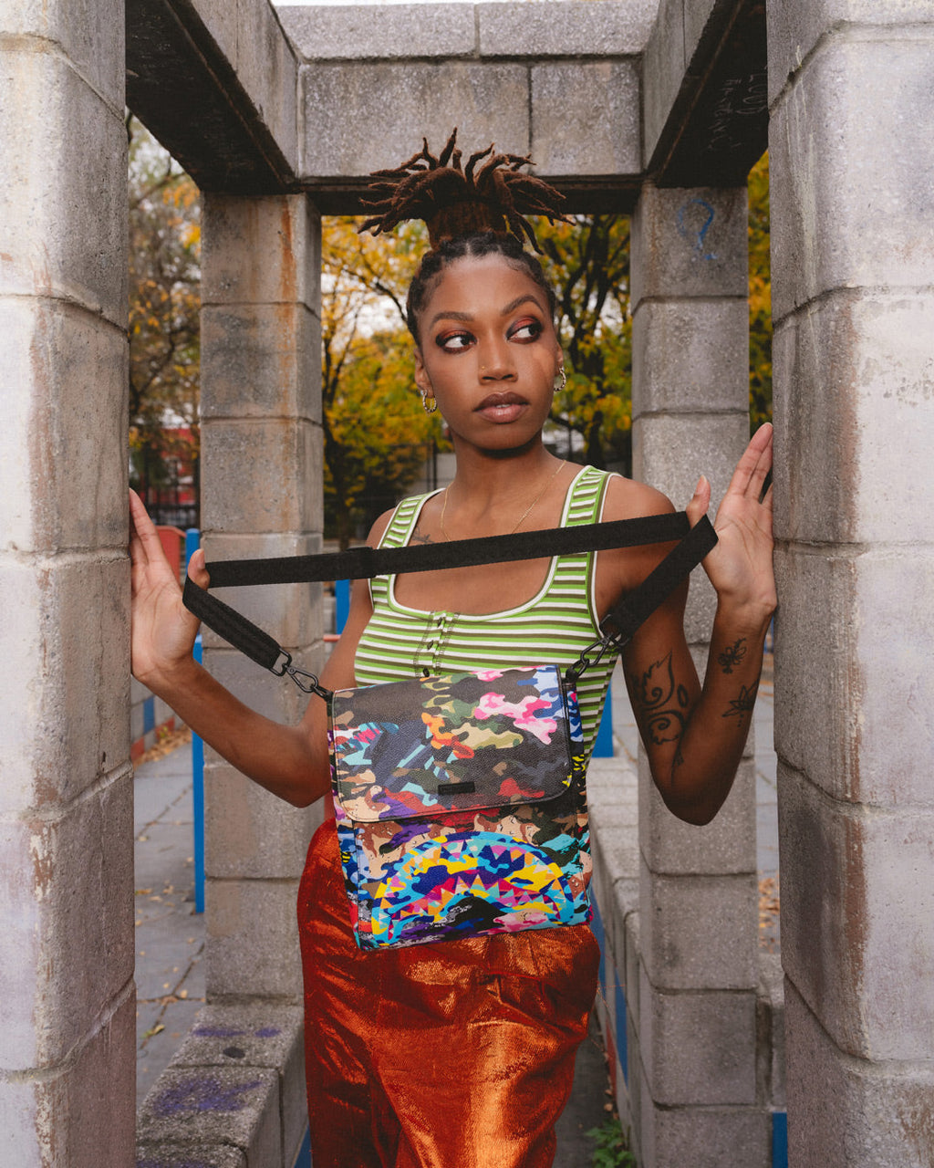 SLICED AND DICED CAMO MESSENGER SLING BAG