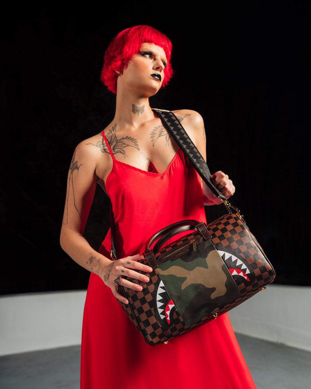 EXTERIOR GOLD ZIP POCKET SHARKS IN PARIS MINI DUFFLE